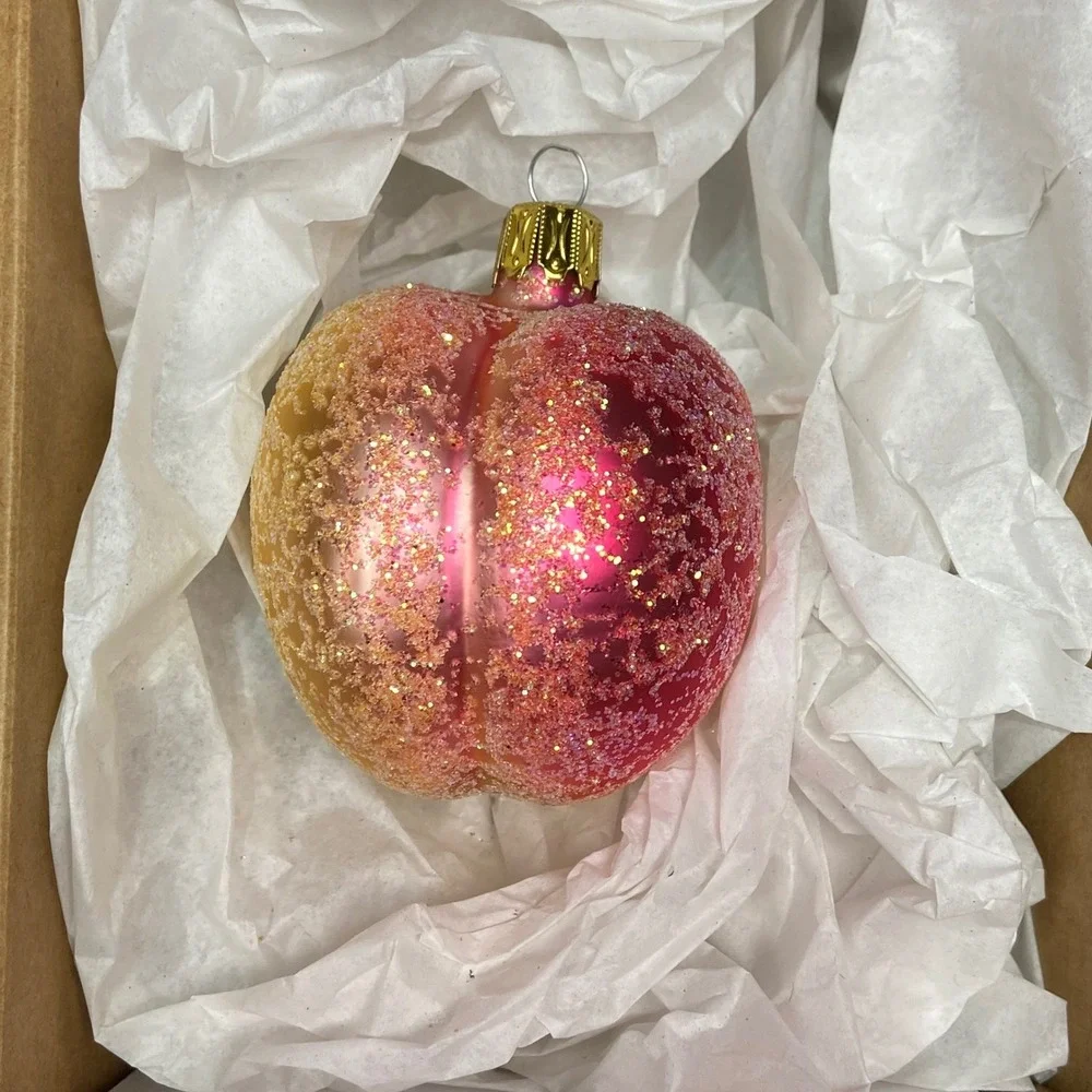 Peach Ornament Glittery Fruit Christmas Holiday Decor Gold Pink‎